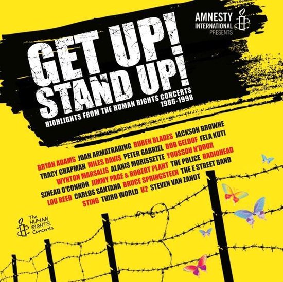 Albumhoes met de tekst 'GET UP! STAND UP!' en een lijst van artiesten. Amnesty International presenteert.