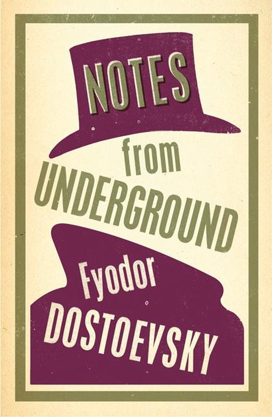 Boek "Notes from Underground" van Fyodor Dostojevsky met paarse hoed en silhouet