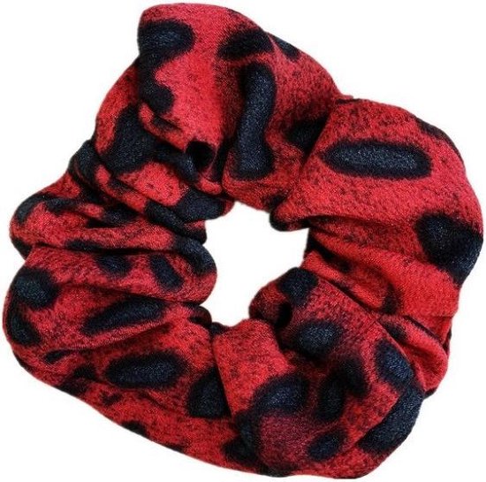 Satijnen scrunchie/haarwokkel met panter/luipaard print, rood