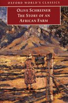 Boekcover van 'The Story of an African Farm' met een schilderij van een persoon bij een hek in een dor landschap.