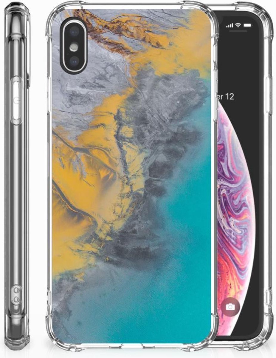 Apple iPhone Xs Max Anti-Shock Hoesje Marble Blue Gold