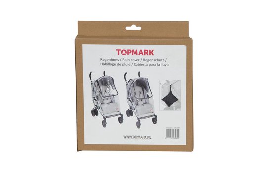 Doos met TOPMARK logo, Topmark regenhoes voor buggy, in diverse talen.