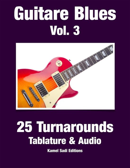 Guitare électrique rouge et jaune avec pickguard blanc, texte "Guitare Blues Vol. 3".
