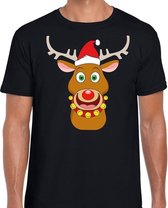 Foute Kerst t-shirt rendier Rudolf rode kerstmuts zwart heren S