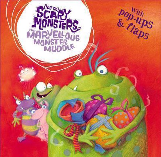 Boekomslag met de titel 'Not So Scary Monsters The Marvellous Monster Muddle'. Vrolijke, groene en paarse monsters omhelzen cadeaus. Met 'pop-ups & flaps'.