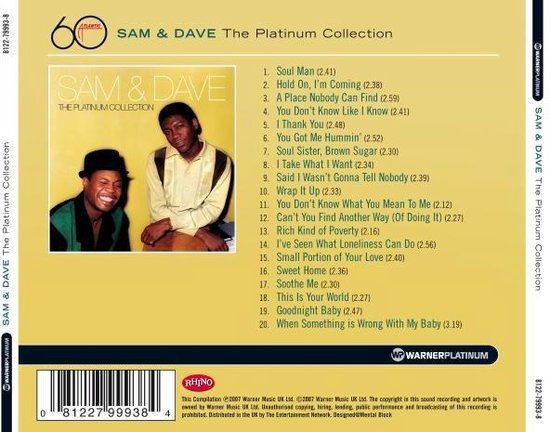 Achterkant van het album The Platinum Collection van Sam & Dave. Tracklist en een foto van Sam & Dave. Atlantic 60 Years Of Atlantic R&B logo.