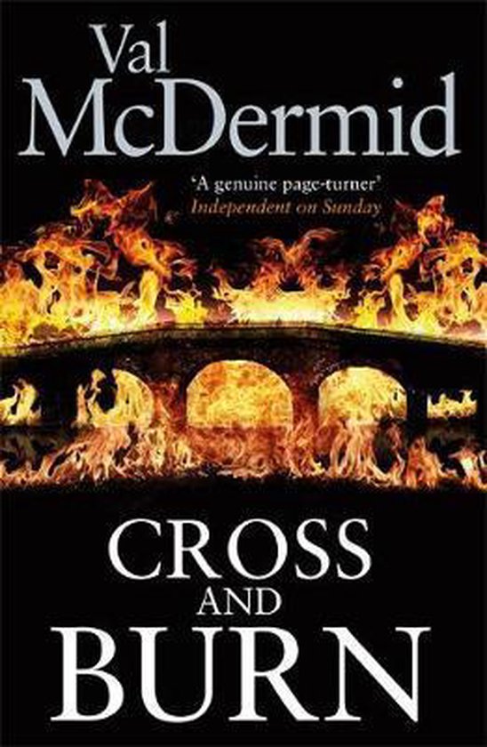 Boek 'Cross and Burn' van Val McDermid, met op de voorkant een brandende brug onder een donkere hemel.