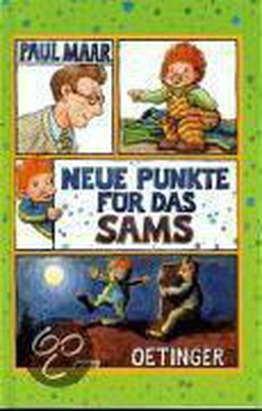 Boek 'Neue Punkte für das Sams' met illustraties van Paul Maar: een jongen met rood haar, een man met bril, een nachtelijke scène.