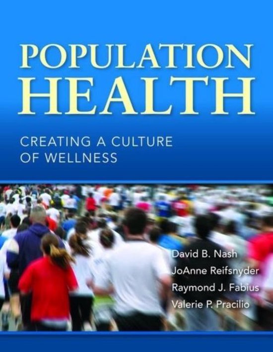 Couverture de livre avec le titre POPULATION HEALTH CREATING A CULTURE OF WELLNESS en lettres jaunes, sur fond bleu avec un groupe flou de personnes en train de courir.