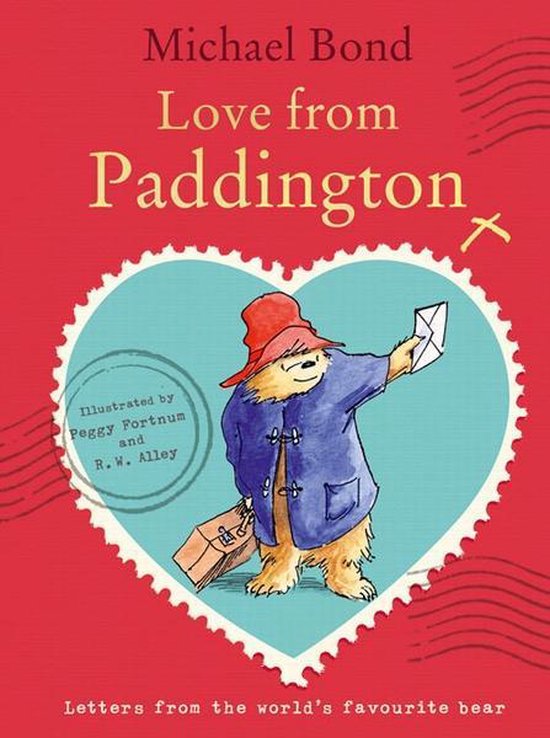 Boek 'Love from Paddington' met Paddington beer in blauwe jas, rode hoed en koffer, met een brief in zijn poot. Rode achtergrond met hartvormig kader.