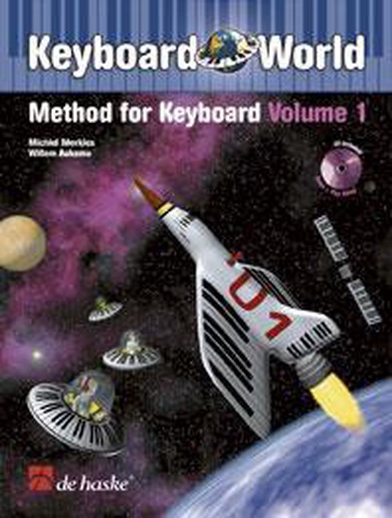 Boek "Keyboard World" Volume 1, met een raket en vliegende schotels in de ruimte, Piano de Haske.