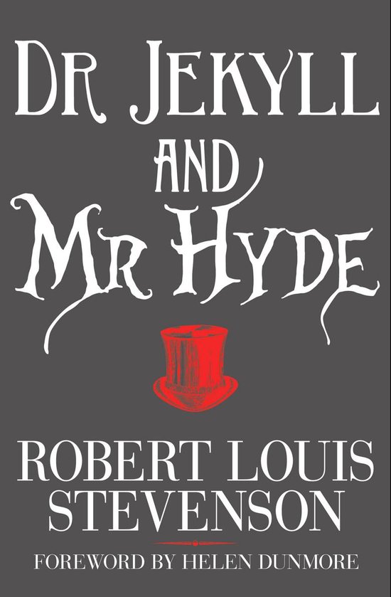 Couverture de livre avec le titre DR JEKYLL AND MR HYDE en lettres blanches, une image rouge d'un chapeau haut-de-forme, et le nom ROBERT LOUIS STEVENSON.