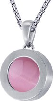 Quiges 12mm Mini Munt Hanger Zilverkleurig RVS Mat met Cat's Eye Roze Munt en Box Ketting Ankerketting 42-46cm