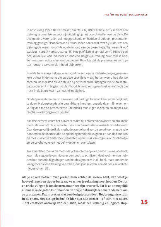 Pagina met tekst 'To the point designproces' en een paragraaf over de schrijver.
