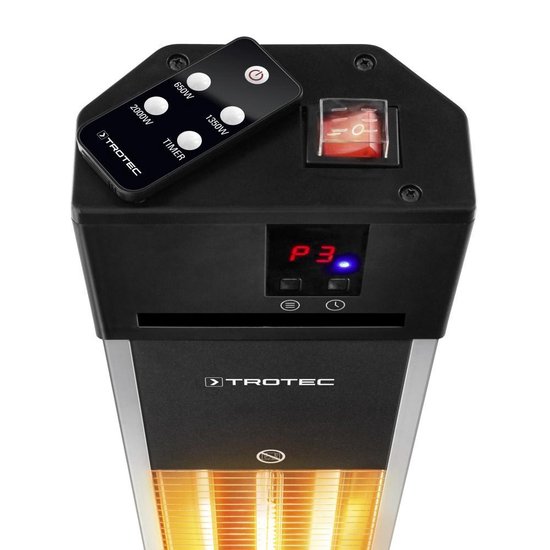 Close-up van de bovenkant van een Trotec terrasverwarmer met afstandsbediening en bedieningspaneel.