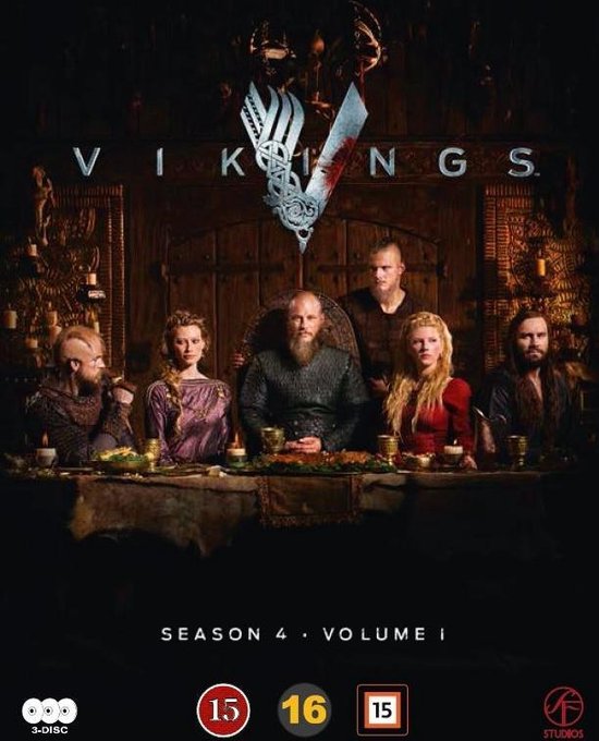 De cover van de dvd van Vikings Seizoen 4, Volume 1, met een groep acteurs aan een tafel, en het Vikings logo.