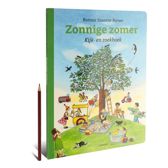 Boekcover met een illustratie van een zonnige zomerse dag in een park met spelende kinderen en een boom vol kersen.