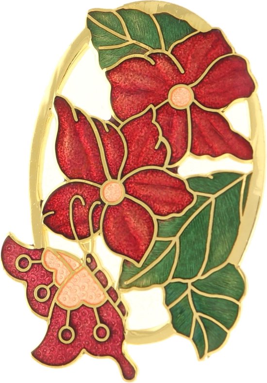 Behave®  Broche vlinder op bloemen rood - emaille sierspeld -  sjaalspeld