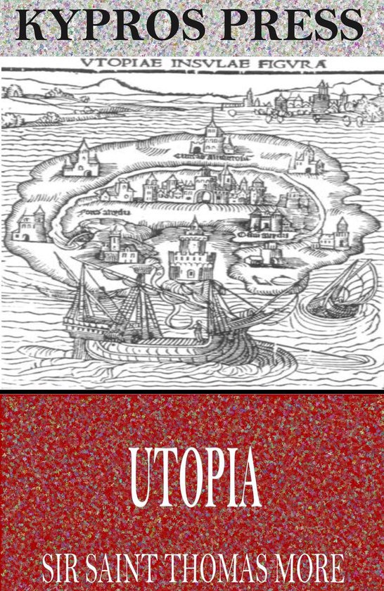 Couverture de 'Utopia' de Sir Thomas More, avec une ancienne carte d'une cité insulaire et des navires.