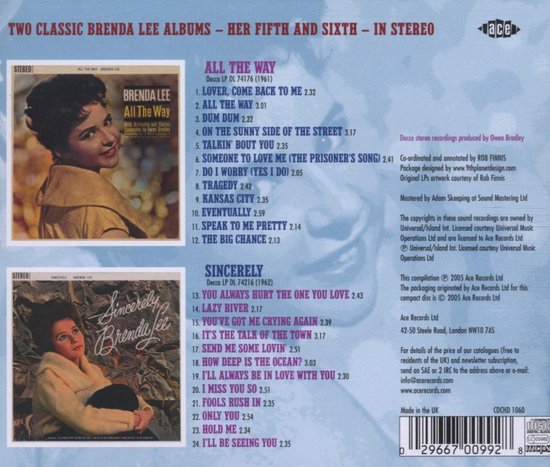 Achterkant hoes van "Two Classic Brenda Lee Albums - Her Fifth and Sixth - In Stereo" met tracklijsten.