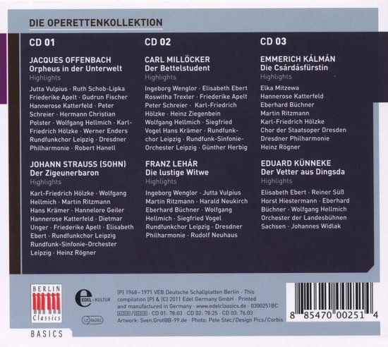 CD-hoes met titels van opera's, componisten en uitvoerders op drie cd's. Titel: DIE OPERETTENKOLLEKTION.