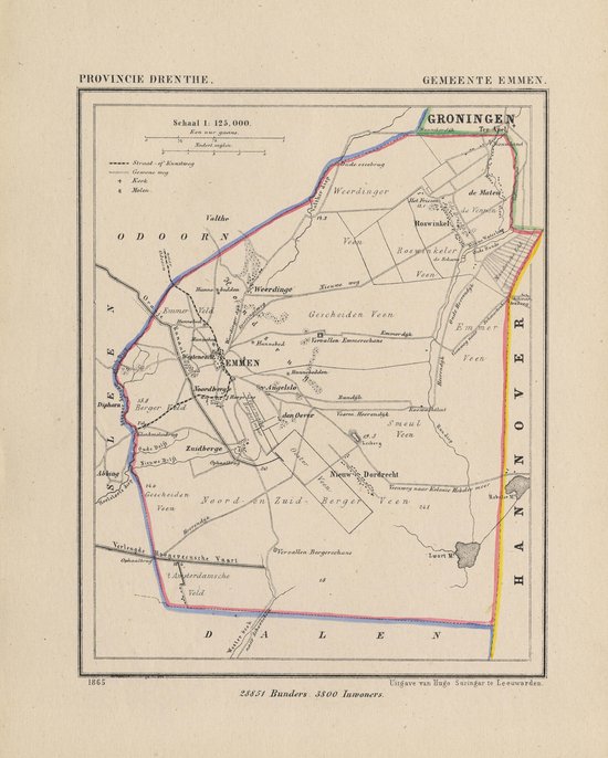 Foto: Historische kaart plattegrond van gemeente emmen in drenthe uit 1867 door kuyper van kaartcadeau com