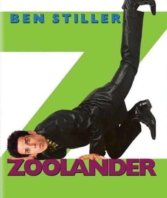 Ben Stiller in Zoolander, liggend in een groene "Z" met tekst "ZOOLANDER".