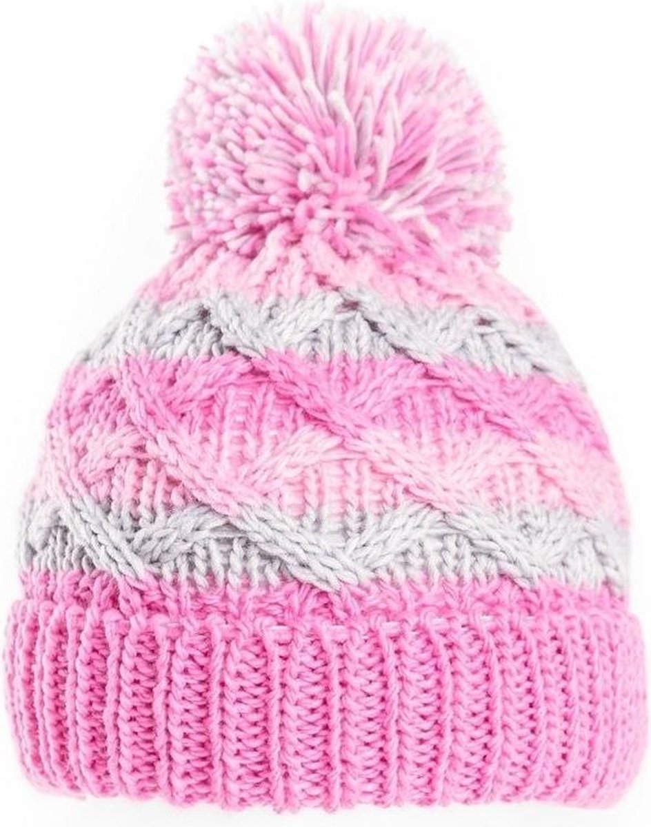 Bonnet d'hiver tricoté rose / gris avec pompon pour bébé | bol.com