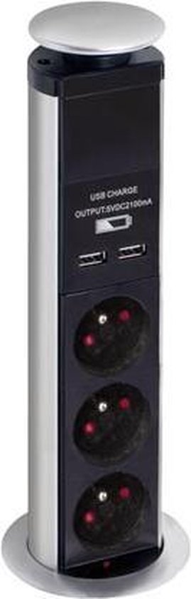 Perel Stekkerdoos met schakelaar, 3 stopcontacten met penaarde (type E), 2  USB-poorten, , 3680 W