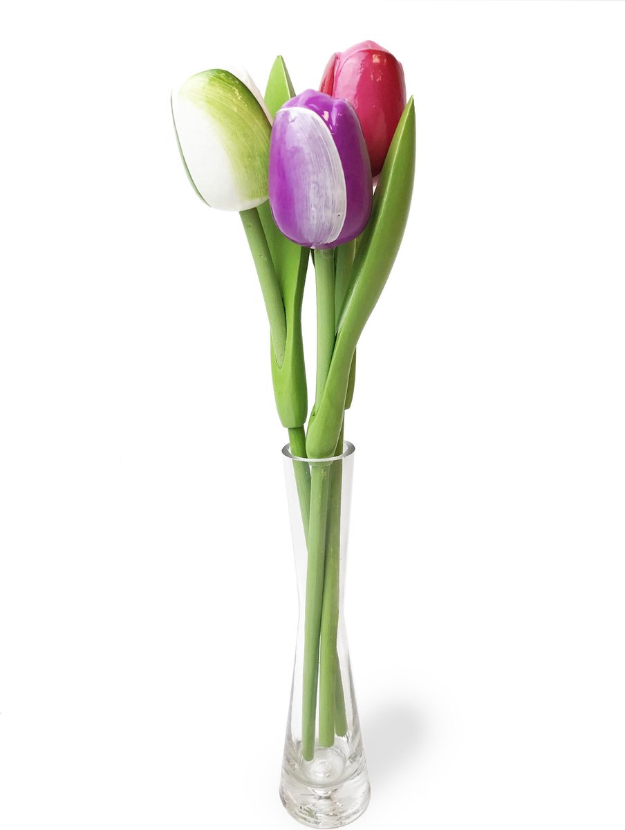 Houten Tulp set 3 tulpen met vaasje fuchsia paars wit