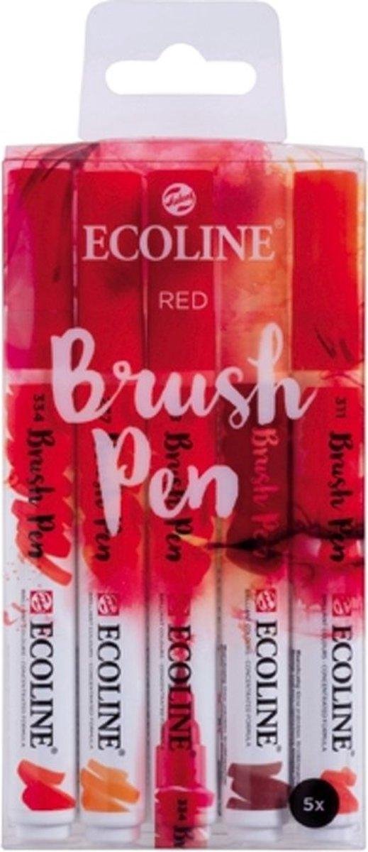 Talens Ecoline Brushpen Set met 5 Pennen (Rood) + 1 Brush Pen Blender verpakt in een handige Zipperbag + 1 x Ecoline/aquarelblok + Basis Boekje Brush/Handlettering