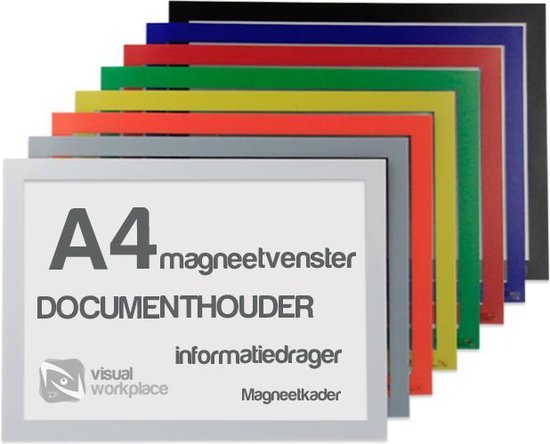 Een stapel magnetische documenthouders in verschillende kleuren, waarvan er één op de voorgrond staat met een zilveren frame.