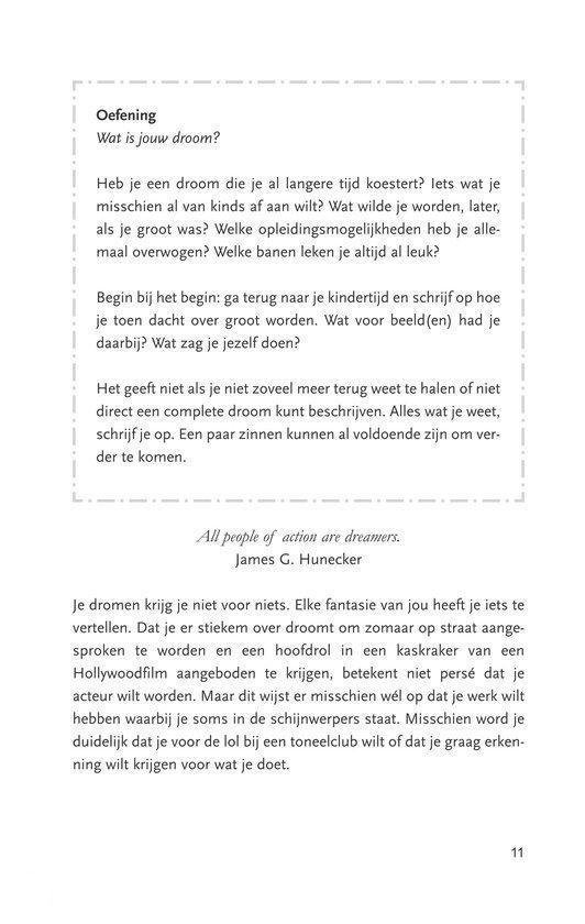 Boekpagina met oefening 'Wat is jouw droom?'. Vraagt naar dromen en de wens om te ondernemen.