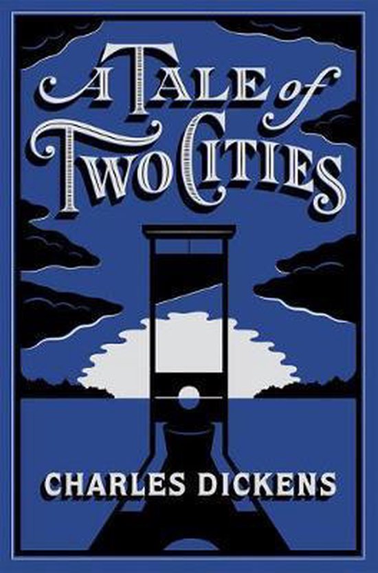 Couverture du livre 'A Tale of Two Cities' par Charles Dickens, représentant une guillotine et des nuages sur fond bleu.