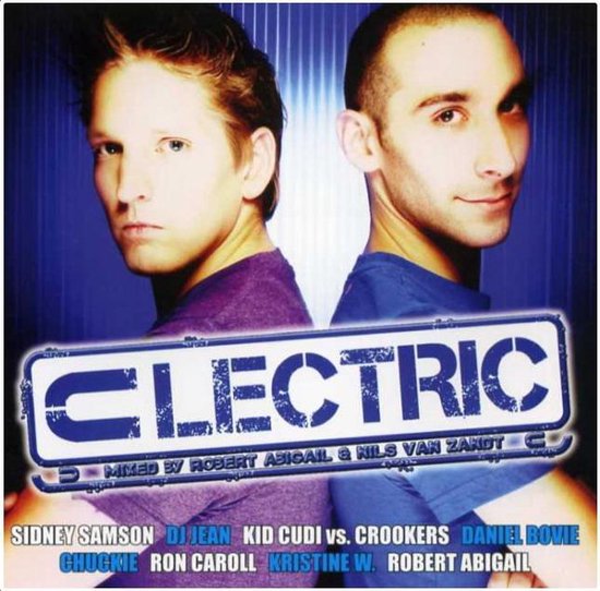 Twee mannen, links met blond haar en paars shirt, rechts met kort donker haar en blauw shirt. Logo 'CLECTRIC' bovenin.