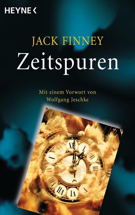 Boekomslag van 'Zeitspuren' door Jack Finney met een antieke klok in een wolkachtige, gouden gloed.