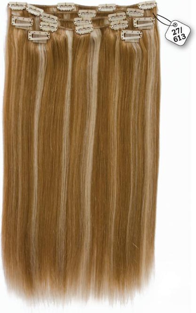 Clip in Extensions, 100% Human Hair Straight, 22 inch, kleur #27/613 Dark Blonde/ Light Blonde