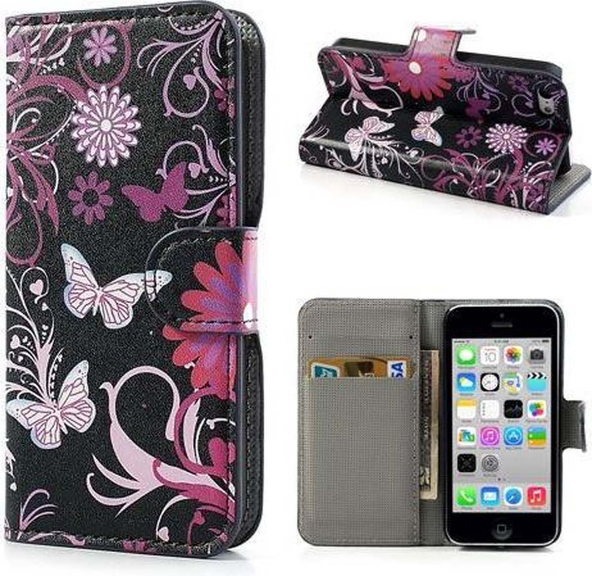 PU Leren Wallet iPhone 5c - Vlinders Zwart