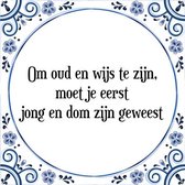 Tegeltje met Spreuk (Tegeltjeswijsheid): Om oud en wijs te zijn, moet je eerst jong en dom zijn geweest + Kado verpakking & Plakhanger