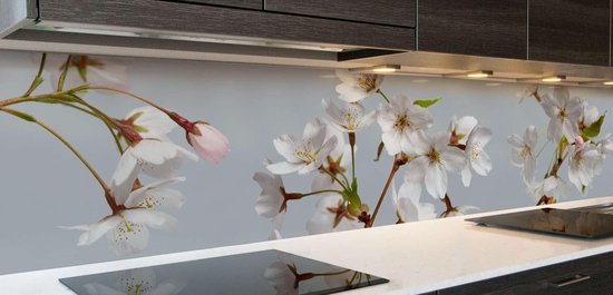 Zelfklevende keuken achterwand RODE BLOEMBLAADJES 350 x 60 cm | Zelfklevende spatwand keukenfolie | Waterbestendige folie voor de keuken | PREMIUM KWALITEIT | Gemaakt in de EU