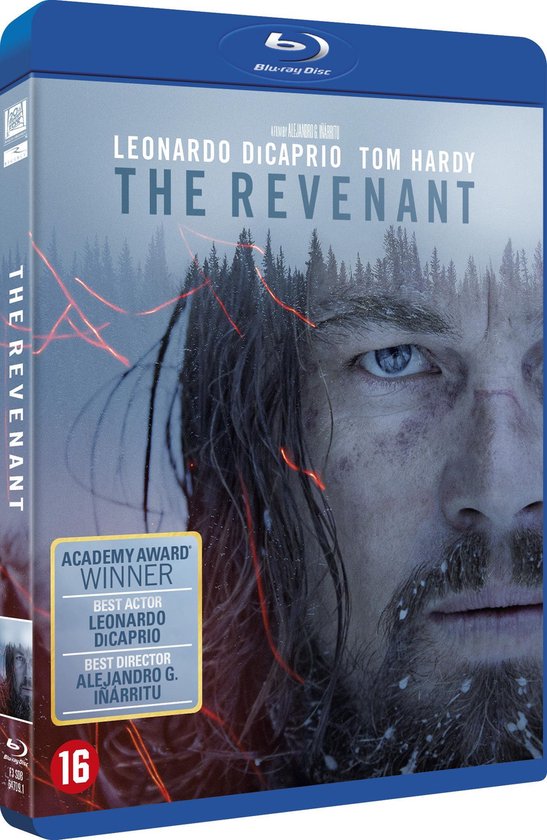Blu-ray hoes van 'The Revenant' met Leonardo DiCaprio's gezicht, rode gloed, bossen en 'Academy Award Winner'-badge.