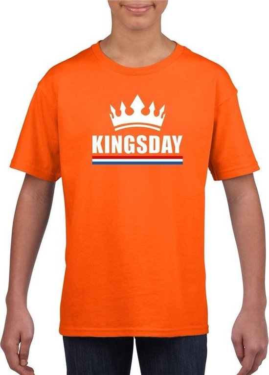 Oranje Kingsday met een kroon shirt kinderen XS (110-116)