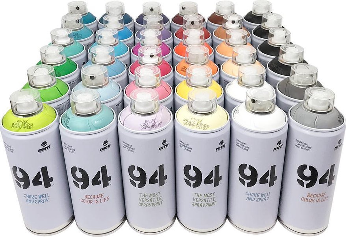 Montana Colors MTN94 Spuitbussen pakket 36 kleuren lage druk en matte afwerking graffiti spuitverf 400ml