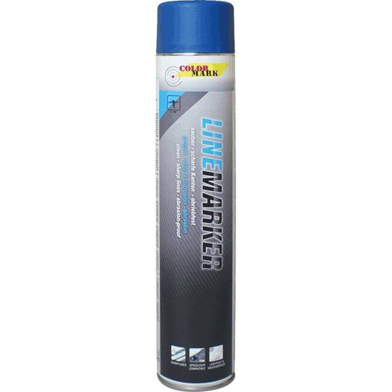 Spuitbus 'Linemarker' met blauwe dop en tekst in wit en grijs. Het blik heeft 'Linemarker' in grote blauwe letters.