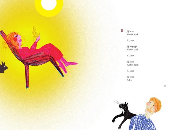 Illustratie van vrouw in rode jurk die leest in een stoel met gele achtergrond.