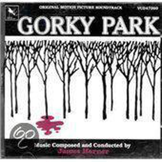 Cd-hoesje voor de soundtrack van Gorky Park met zwarte bomen en rode vlekken.