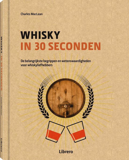 Boek "Whisky in 30 seconden" met afbeelding van een houten vat en whiskyglazen.