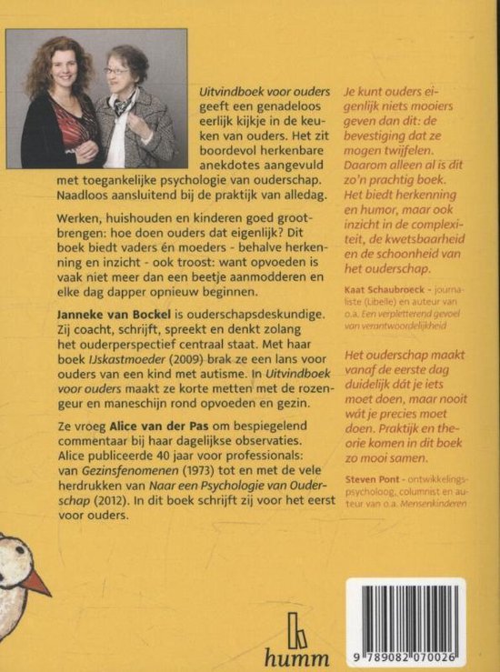 Achterkant boek 'Uitvindboek voor ouders' met foto's van de auteurs Janneke van Bockel en Alice van der Pas.