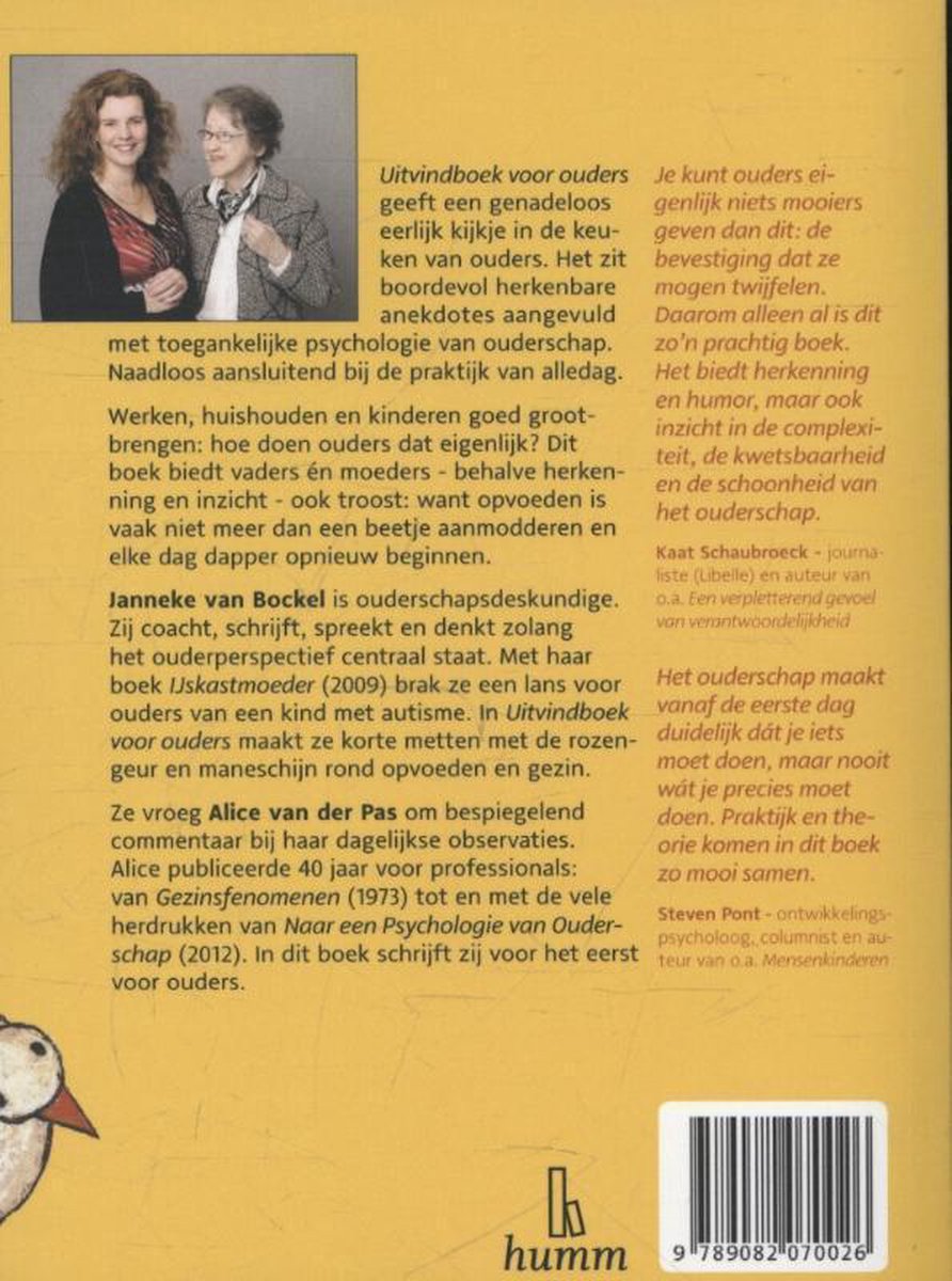 Achterkant boek 'Uitvindboek voor ouders' met foto's van de auteurs Janneke van Bockel en Alice van der Pas.