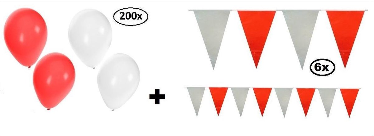 200x Ballonnen rood/wit en 6x Vlaglijn rood/wit